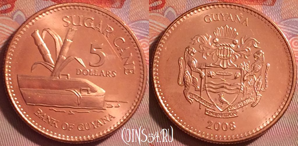 Монета Гайана 5 долларов 2008 года, KM# 51, 293j-077