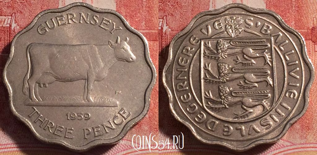 Монета Гернси 3 пенса 1959 года, KM# 18, 256-032