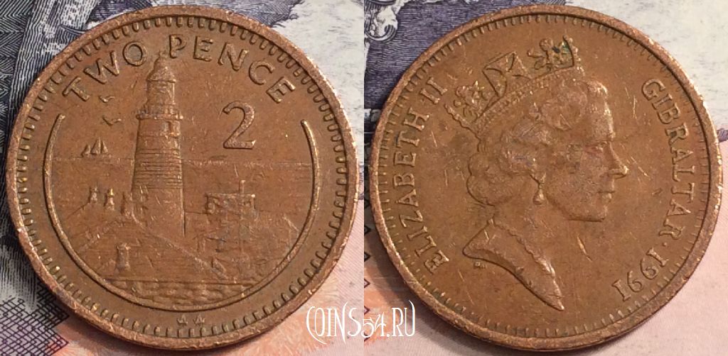 Монета Гибралтар 2 пенса 1991 года, KM# 21, a095-022
