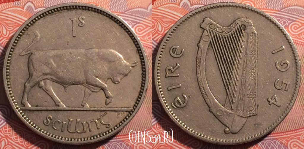 Монета Ирландия 1 шиллинг 1954 года, KM# 14a, 175-103