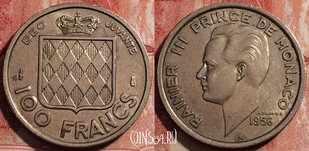 Монета Монако 100 франков 1956 года, KM# 134, 229-098