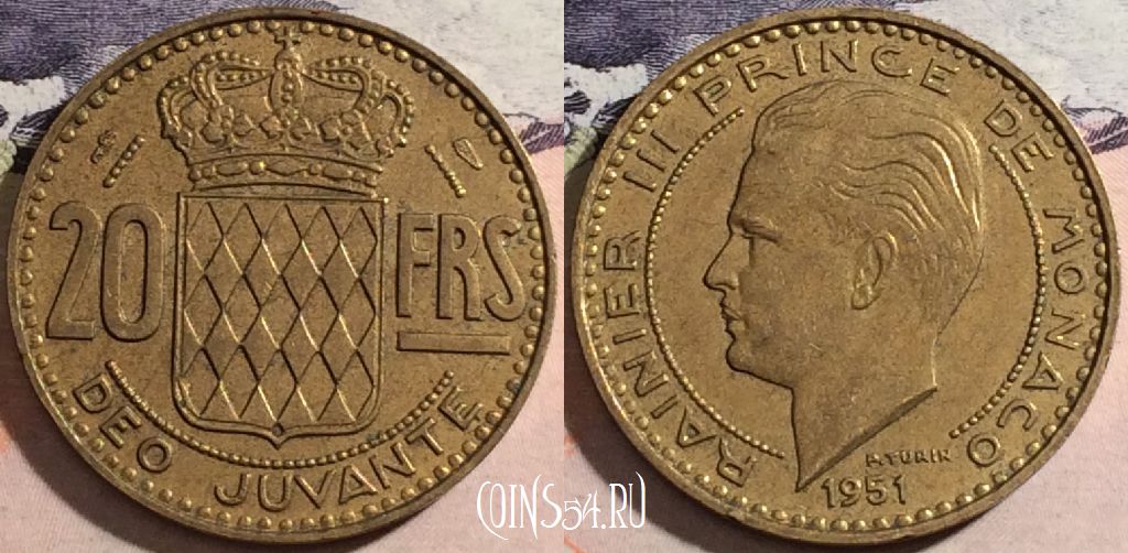 Монета Монако 20 франков 1951 года, KM# 131, a070-082