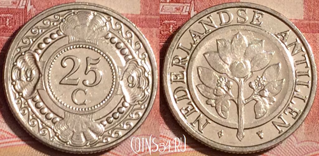 Монета Нидерландские Антильские острова  25 центов 1991 года, KM# 35, 393-013