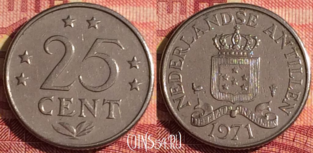 Монета Нидерландские Антильские острова 25 центов 1971 года, KM# 11, 305i-096