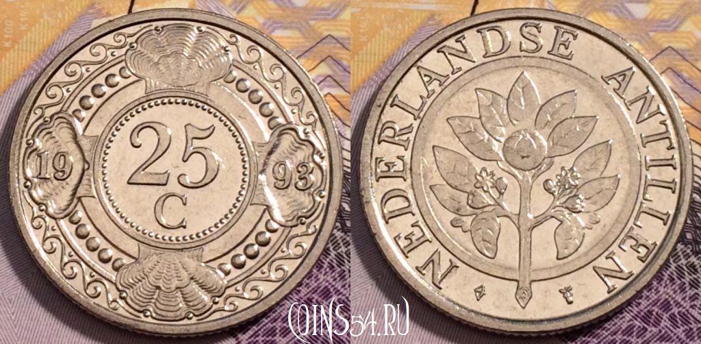 Монета Нидерландские Антильские острова 25 центов 1993 года, KM# 35, 232-116