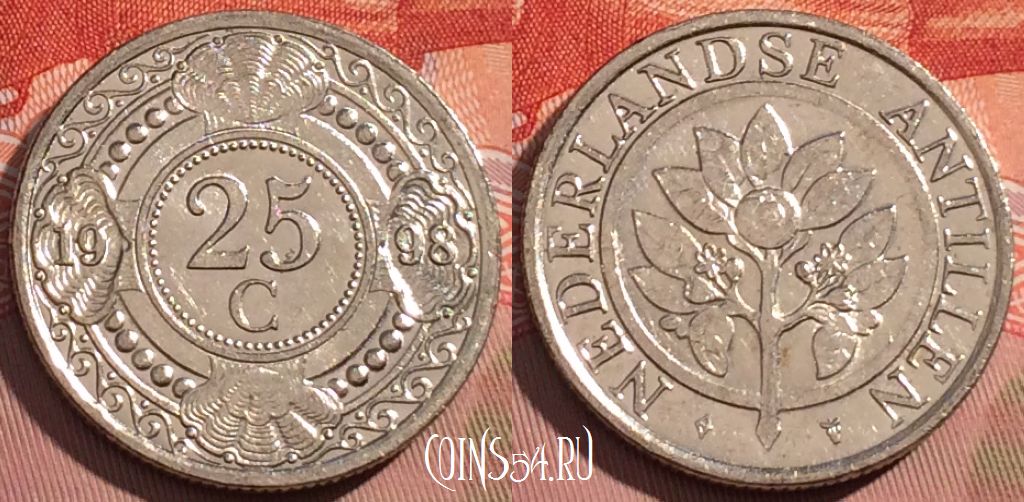 Монета Нидерландские Антильские острова 25 центов 1998 года, KM# 35, 076c-099