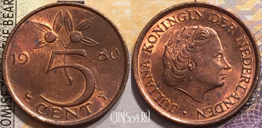 Монета Нидерланды 5 центов 1980 года, KM# 181, 150-040