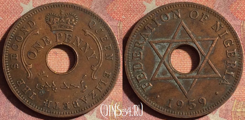 Монета Нигерия 1 пенни 1959 года, KM# 2, 180i-003