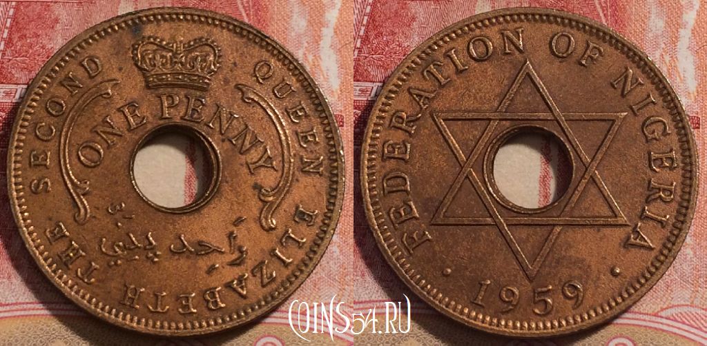 Монета Нигерия 1 пенни 1959 года, KM# 2, 230-004