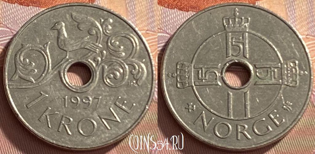 Монета Норвегия 1 крона 1997 года, KM# 462, 214p-009