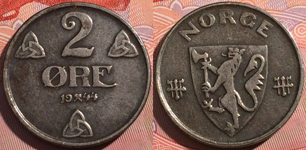 Монета Норвегия 2 эре 1944 года, KM# 394, a148-041