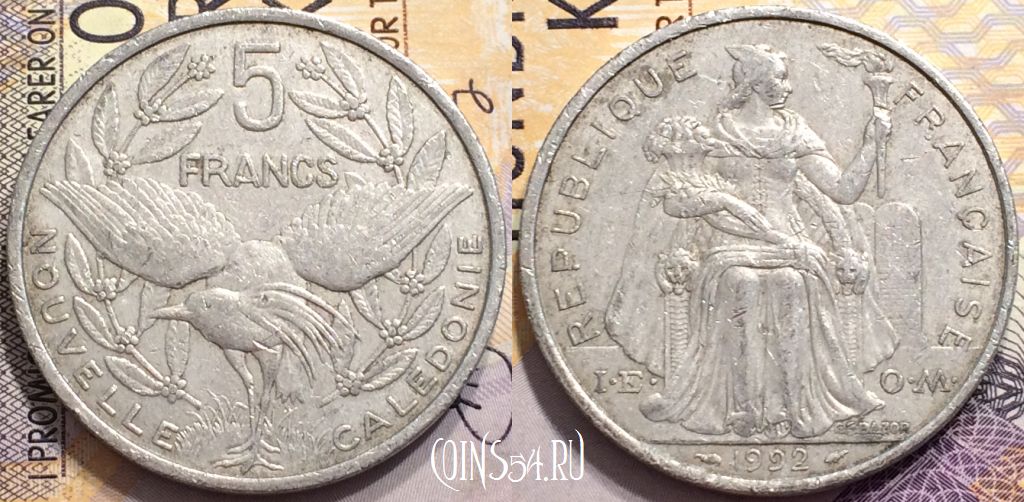 Монета Новая Каледония 5 франков 1992 года, KM# 16, 148-115