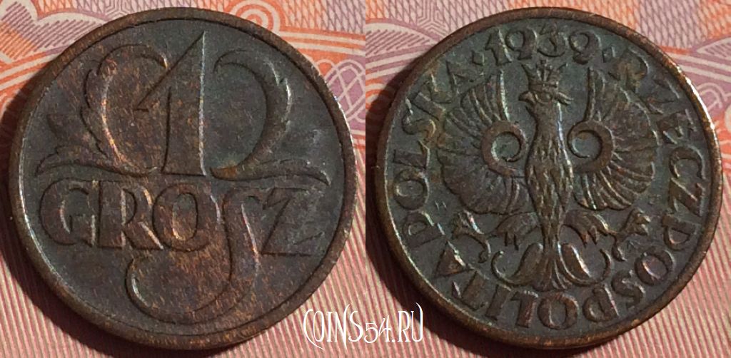 Монета Польша 1 грош 1939 года, Y# 8a, 119d-143