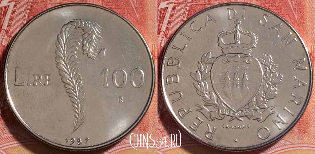 Монета Сан-Марино 100 лир 1987 года, KM# 207, 255-018