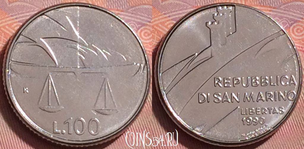 Монета Сан-Марино 100 лир 1990 года, KM# 254, 328j-053
