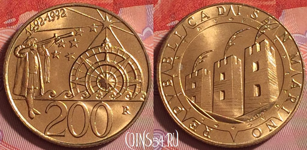 Монета Сан-Марино 200 лир 1992 года, KM# 285, 282j-128