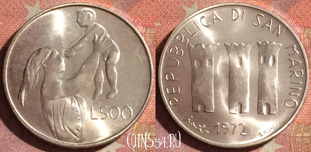 Монета Сан-Марино 500 лир 1972 года Ag, KM# 21, 071i-138