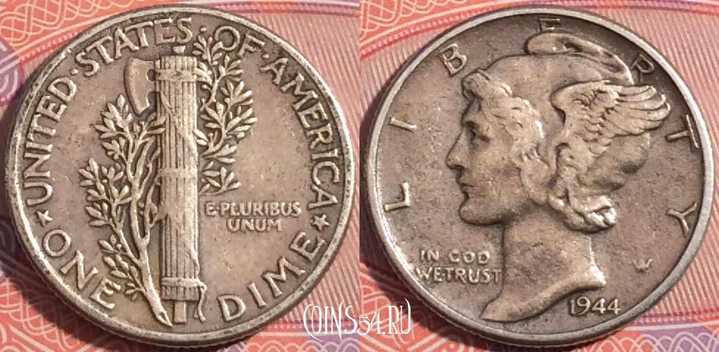 Монета США 1 дайм 1944 года, Серебро, KM# 140, a146-104