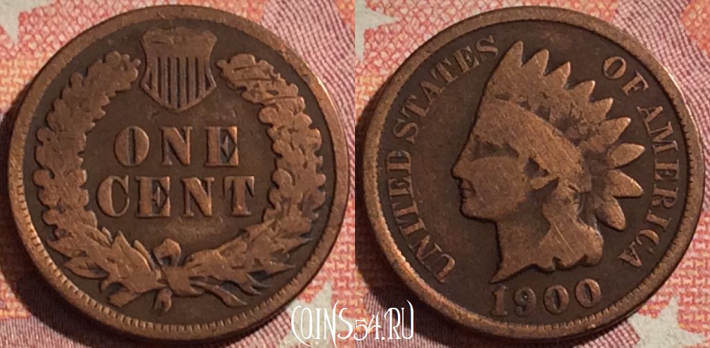 Монета США 1 цент 1900 года, KM# 90a, 374-072