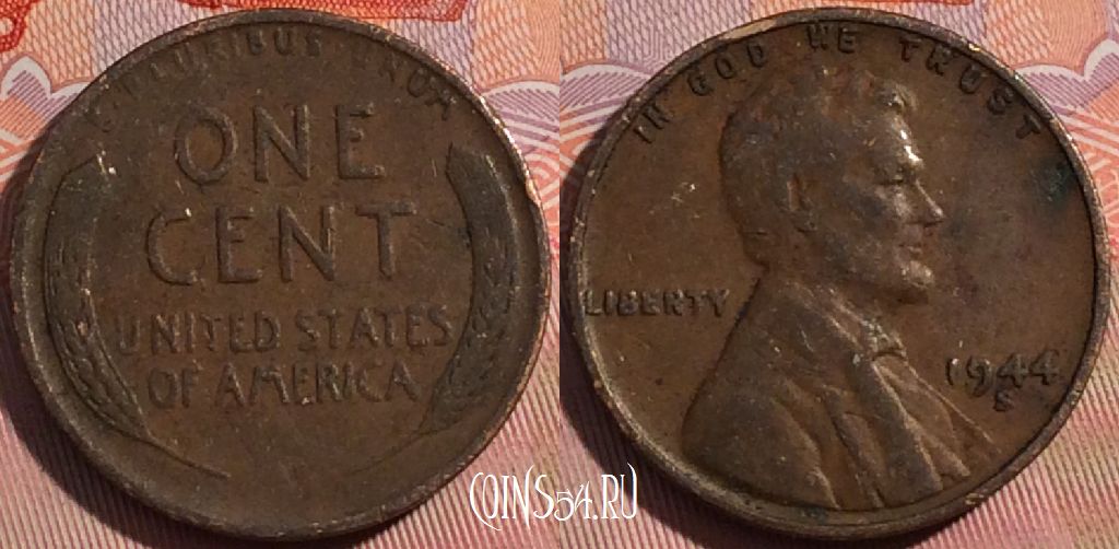 Монета США 1 цент 1944 года S, KM# A132, a142-032