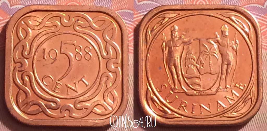 Монета Суринам 5 центов 1988 года, KM# 12b, 121j-095