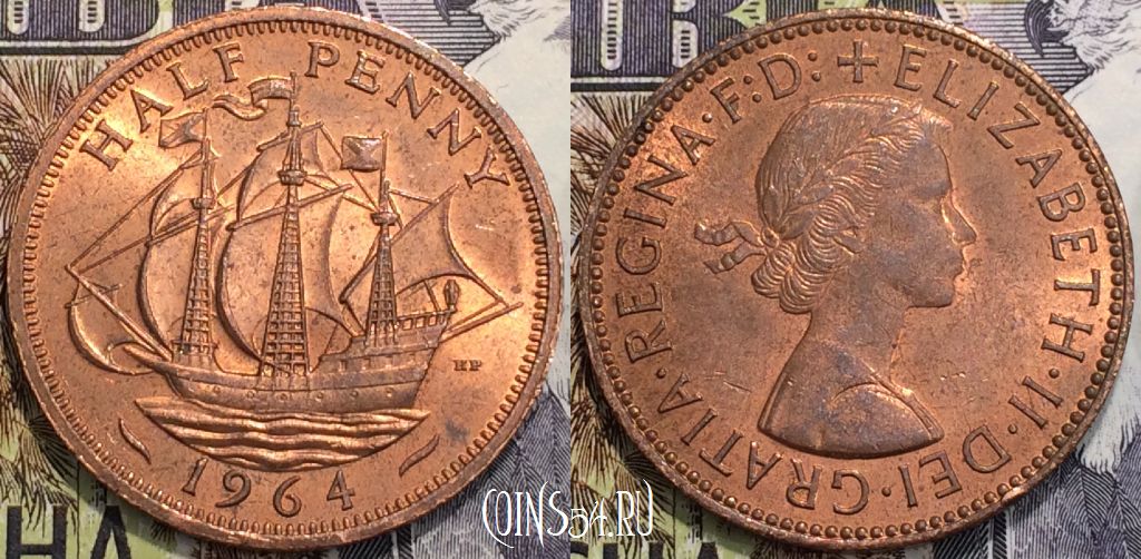Монета Великобритания 1/2 пенни 1964 года, KM 896, 121-034