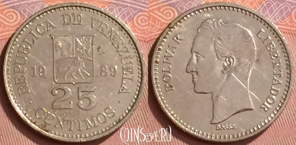 Монета Венесуэла 25 сентимо 1989 года, Y# 50a, 057l-039