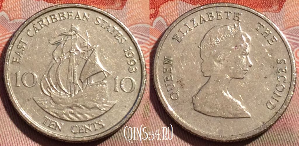 Монета Восточные Карибы 10 центов 1993 года, KM# 13, 279a-019