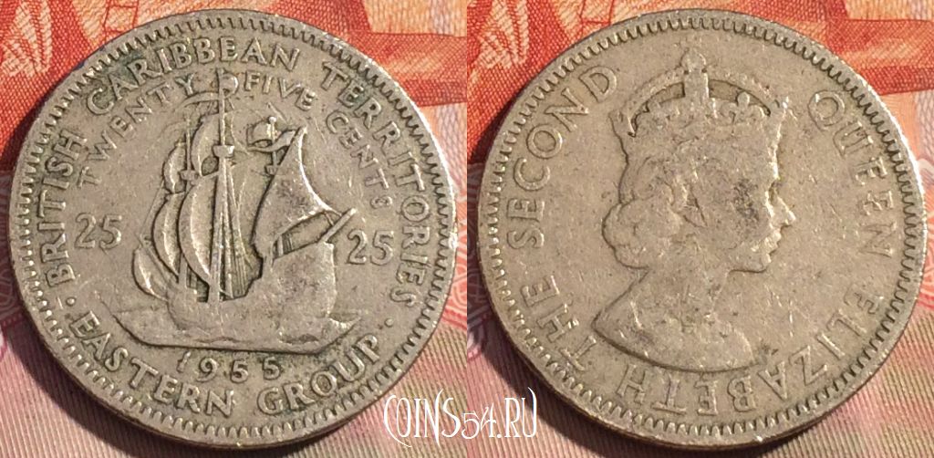 Монета Восточные Карибы 25 центов 1955 года, KM# 6, 277a-026