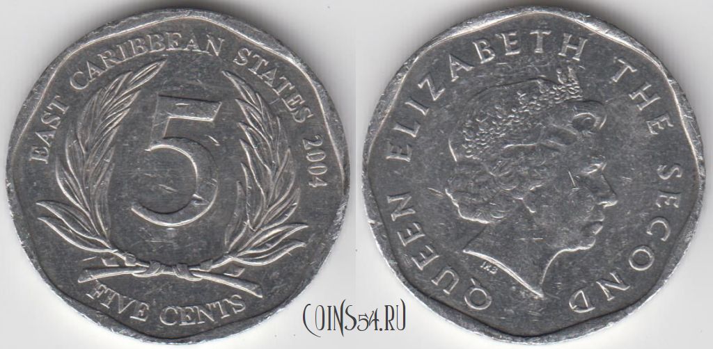 Монета Восточные Карибы 5 центов 2004 года, KM 36, 125-037