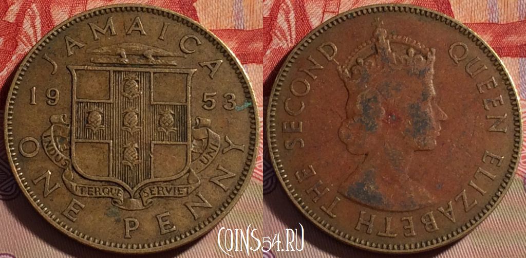 Монета Ямайка 1 пенни 1953 года, KM# 37, 082b-109