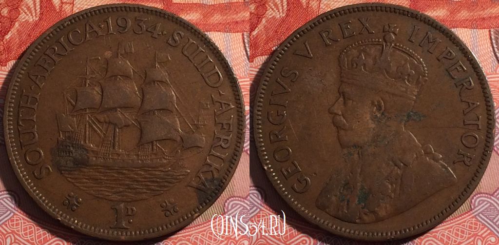 Монета ЮАР (Южная Африка) 1 пенни 1934 года, KM# 14.3, a087-078