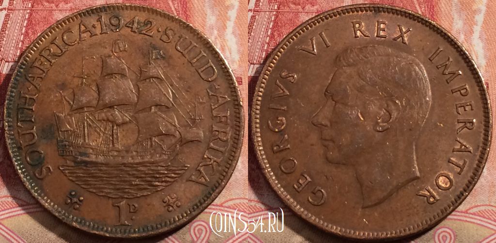 Монета ЮАР (Южная Африка) 1 пенни 1942 года, KM# 25, 208-122
