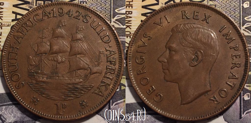 Монета ЮАР (Южная Африка) 1 пенни 1942 года, KM# 25, 239-033