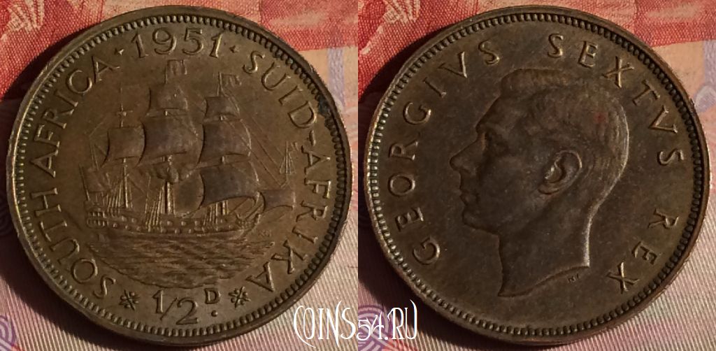 Монета ЮАР (Южная Африка) 1/2 пенни 1951 года, KM# 33.2, 338g-045