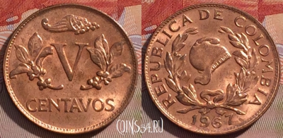 Колумбия 5 сентаво 1967 года, KM# 206a, 280b-022