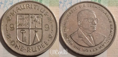 Маврикий 1 рупия 1991 года, KM# 55, 189-088