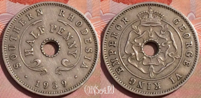 Южная Родезия 1/2 пенни 1939 года, KM# 14, 275-136