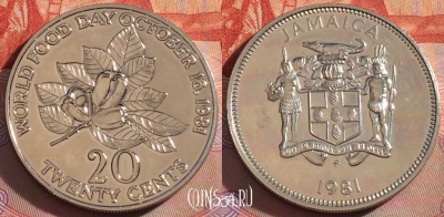 Ямайка 20 центов 1981 года, KM# 90, UNC, 278-075