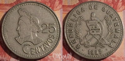 Гватемала 25 сентаво 1987 года, KM# 278, 281-123