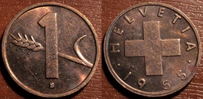Швейцария 1 раппен 1955, 56-199