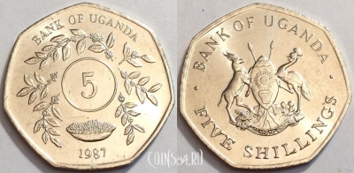 Уганда 5 шиллингов 1987 UNC, 74-024a