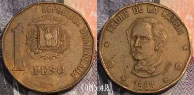 Доминикана 1 песо 1993 года, KM# 80.2, 093-104