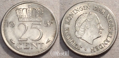 Нидерланды 25 центов 1957 года, KM# 183, 88-035