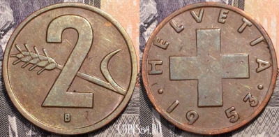 Швейцария 2 раппена 1953 года, см. состояние, 91-043