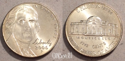 США 5 центов 2006 года, KM# 381, UNC, 108-072
