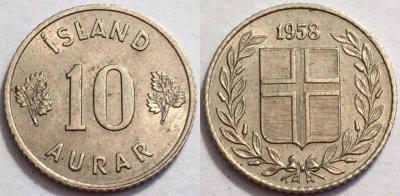 Исландия 10 эйре 1958 года, KM# 10, 72-027b