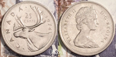 Канада 25 центов (квотер) 1974 года, KM# 62b, 112-010