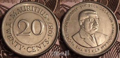 Маврикий 20 центов 1987 года, KM# 53, 64-020b