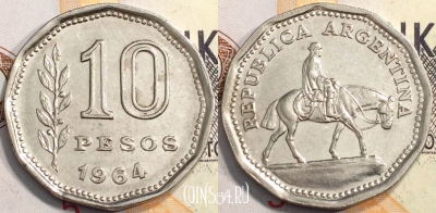 Аргентина 10 песо 1964 года, KM# 60, 133-044
